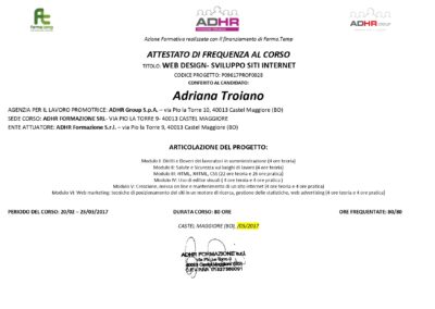 Web designer e consulente SEO Attestato Web Design e sviluppo siti web con ADHR di Adriana Troiano