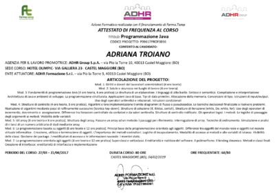 Web designer e consulente SEO Attestato Programmazione java con ADHR di Adriana Troiano