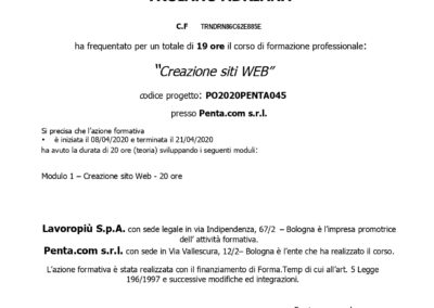 Web designer e consulente SEO Attestato Creazione siti web con Pentacom lavoropiù Adriana Troiano