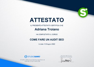 Web designer e consulente SEO Attestato Come fare un audit SEO con Studio Samo di Adriana Troiano