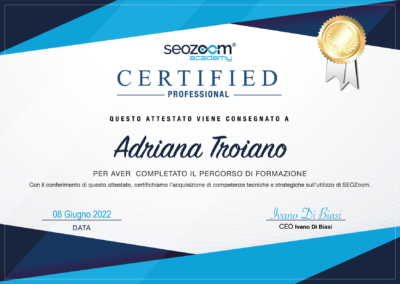 Web designer e consulente SEO Attestato Seozoom certified con Seozoom academy di Adriana Troiano