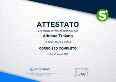 Web designer e consulente SEO Attestato Corso SEO completo con Studio Samo di Adriana Troiano