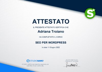 Web designer e consulente SEO Attestato SEO per WordPress con Studio Samo di Adriana Troiano