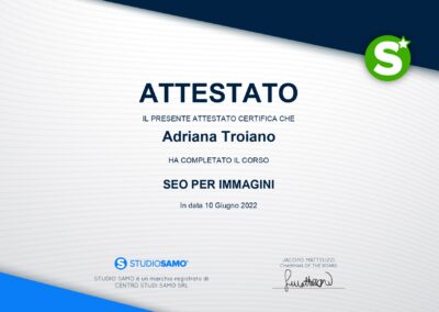 Web designer e consulente SEO Attestato SEO per immagini con Studio Samo di Adriana Troiano