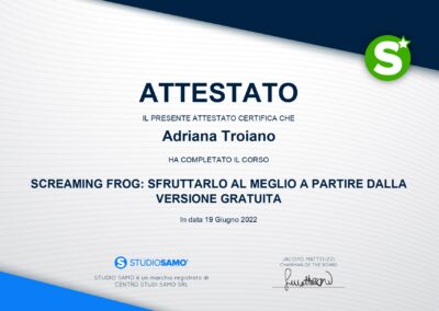 Web designer e consulente SEO Attestato Screaming Frog con Studio Samo di Adriana Troiano